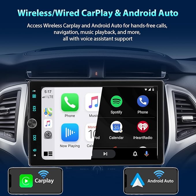 Single Din Car Radio Touchscreen (10.4" Rotatable) Compatible with Apple CarPlay [Wireless] Android Auto Car Stereo Bluetooth USB AUX SD Backup Camera