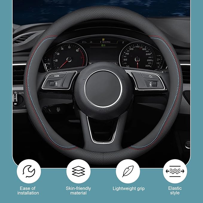 1 PC Car Steering Wheel Cover, Ultra-Thin Soft Leather Steering Wheels Accessories, 15" Round Breathable Car Wheel Cover, Universal Interior Accessories for Most Cars (Black&Red)