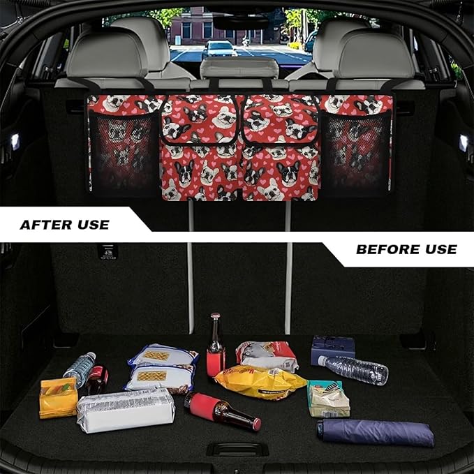 Car Trunk Organizer Pink Heart Dogs Collapsible Hanging Cargo Bag for Grocery Cargo Large Capacity Car Storage Bag with 3 Adjustable Buckles,Easy to Install