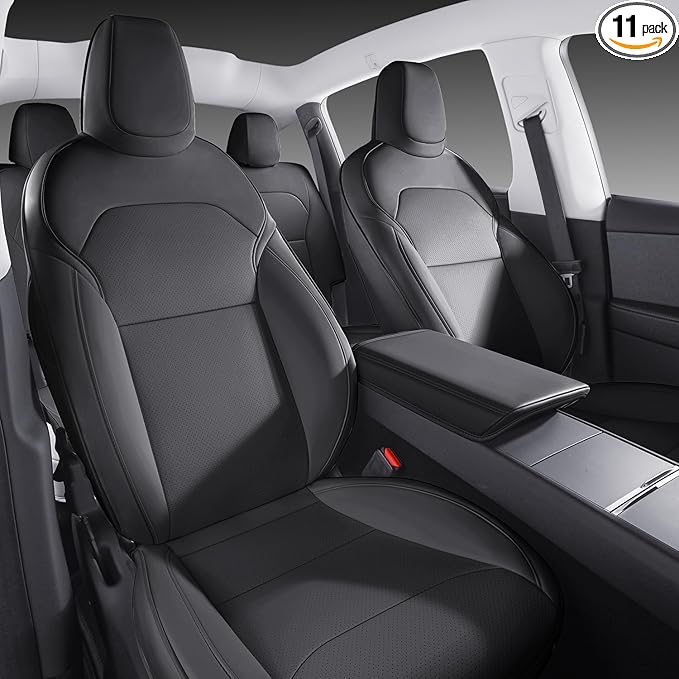 Car Seat Covers for New 2025 Tesla Model Y Juniper Nappa Leather Car Interior Seat Airbag Compatible Cushion Cover Full Set Custom Fit 2025-2026, Nappa Black