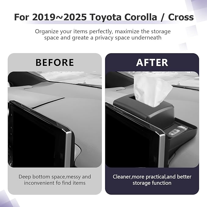 LUWU Dashboard Storage Tray Compatible with 2019-2024 2025 Toyota Corolla / 2022 2023 2024 Corolla Cross Accessories Center Console Display Box Hidden Tray Silicone Organizer Tray w/Tissue Box