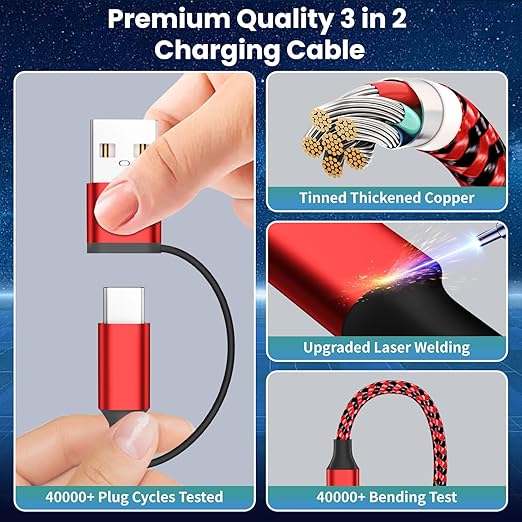 Travel Essentials 3in2 Multi Charging Cable for iPhone Watch Charger,USB A/C to Type C/IP/iWatch charger,Travel Chargers for Multiple Devices Compatible with iWatch Series&iPhone 16-12（2PACK,5FT）