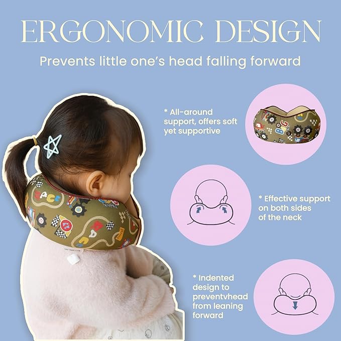 SKYTRAX® Certified Kids Safe Memory Foam Travel Neck Pillows for Kids and Toddlers, Cute Cartoon Design, Car Seat & Airplane Head Neck Support, Adjustable Snap Buttons, Washable Soft Cover (Racecar)