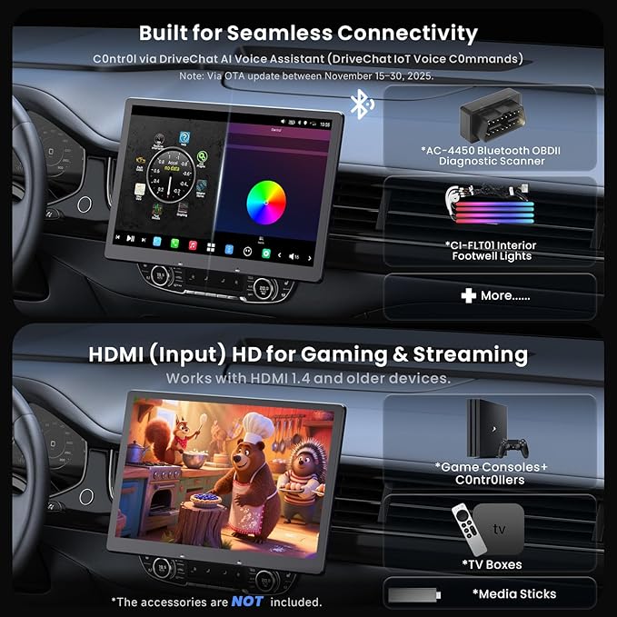 12.95" QLED AI Agent Android Single DIN & Double DIN Car Stereo, Floating Screen, 8G+128G in-Dash Navigation, Golden Hour Alert, 4G LTE, 7.1.2-Ch Audio, HDMI in, Car IoT Hub, Wireless CP&AA,X10G129E