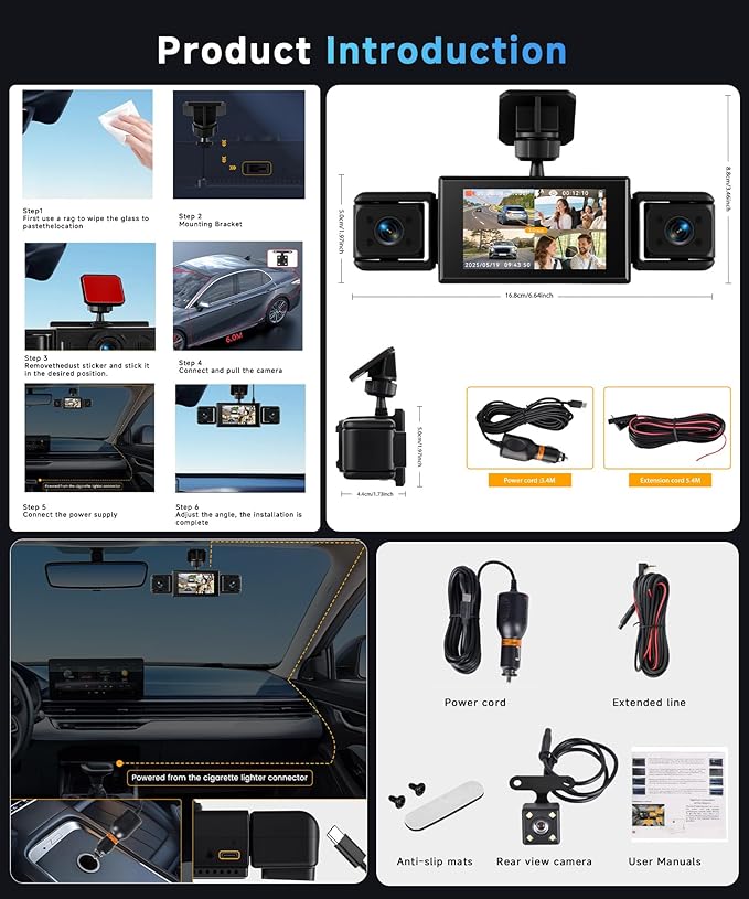 360° Dash Cam Front and Rear Inside Left Right, 3 Inch 4 Channel FHD 1080P Dash Cam for Cars, IPS Dashcams with Night Vision, Loop Recording, 24H Parking Mode Monitor, Reverse View