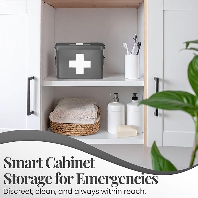 Flexzion Medicine Box, Home Pharmacy Box, 33 x 21 x 19 cm, Metal Medication Storage Box for Emergency, First Aid Cabinet, with Side Handles, Removable Tray & 5 Compartments, Grey
