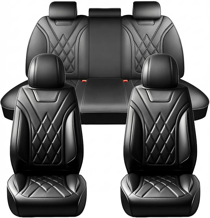 Santa Fe Seat Covers Custom Fit for Hyundai Santa Fe 2007-2026 (Only 5-Seat Version) - Full Set Premium Leather, Waterproof, All-Weather, Airbag Compatible, Car Seat Protectors (Black)