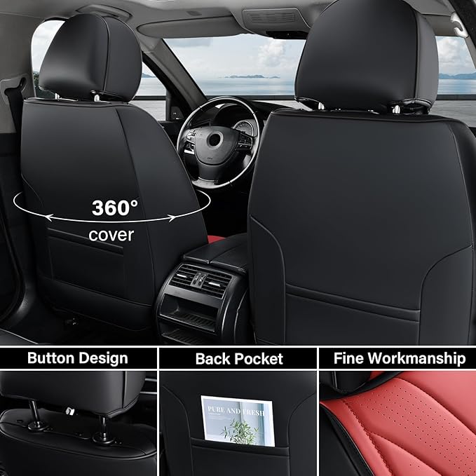 Coverado Car Seat Covers, Front Seat Cover for Cars, 2 Pack Premium Leather Seat Cover, Universal Seat Cover, Waterproof Car Seat Protector, Automotive Seat Cushion Fit for Most Vehicles (Black&Red)