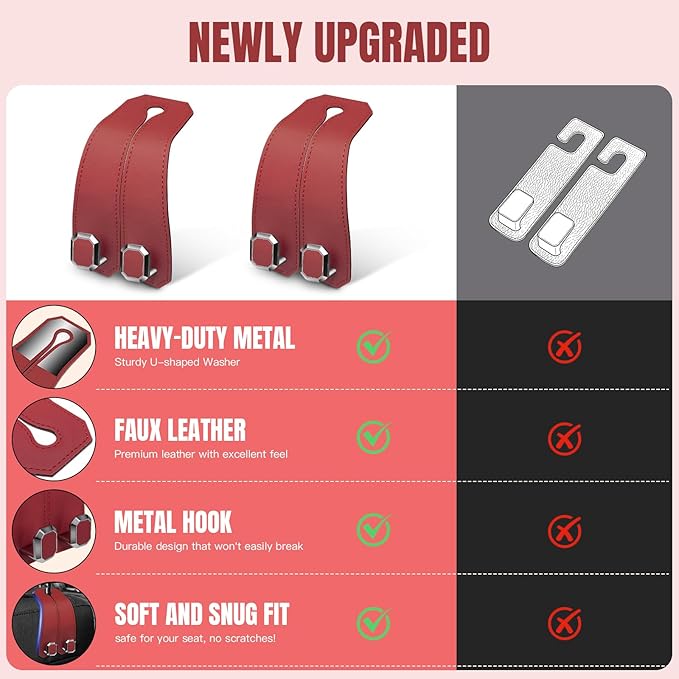 2PCS Car Hooks for Headrest, Faux Leather Purse Hook for Car Seat Back Organizers and Storage, Double Metal Purse Holder Bag Hanger, Universal Car Interior Accessories for Women Man