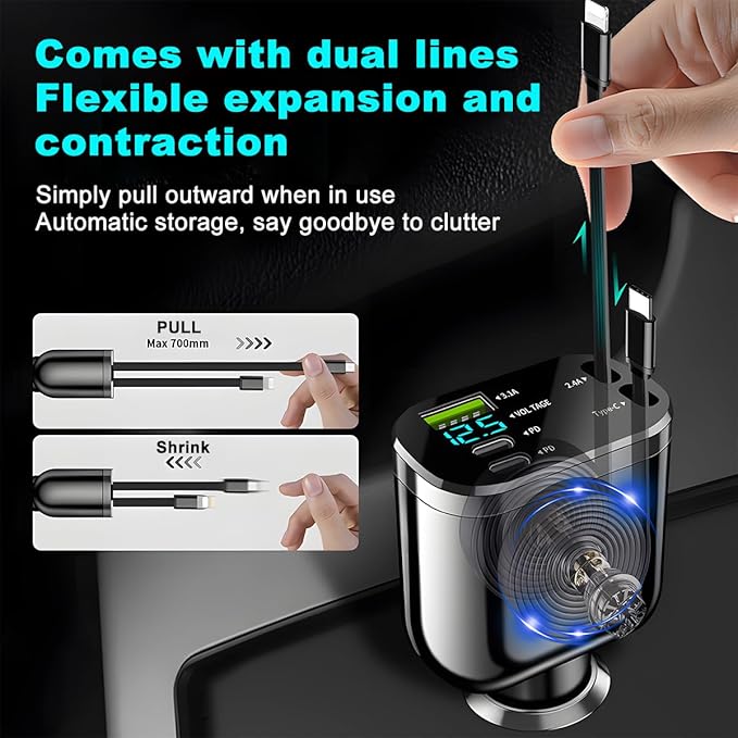 Ankuee Retractable Car Charger, 4 in 1 Super Fast Vehicle Phone Charger Adapter, Auto Cellphone Charging Accessories with Dual Type C Cables & 2 USB Ports, Universal for SUV, Sedan, Truck
