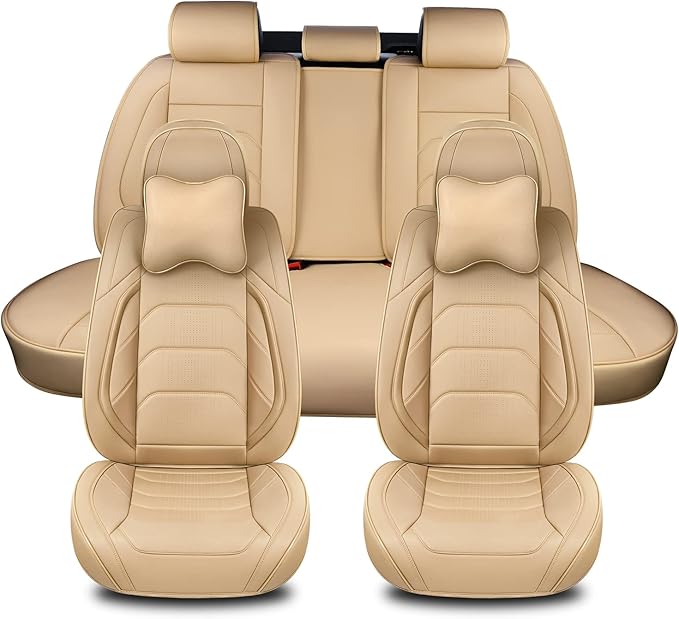 Beige Car Seat Covers Full Set, Breathable Leather Automotive Front and Rear Seat Covers & Headrest for Comfortable Driving, Compatible with Most Cars Sedans SUV Pickup Trucks