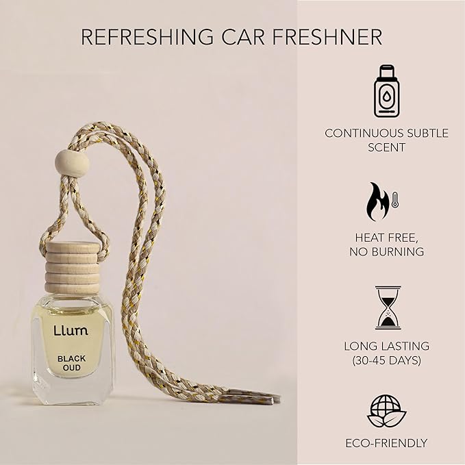 Llum Black Oud Hanging Car Air Freshener – Luxury Automotive Perfume Diffuser 10ml (0.34 fl oz), Long-Lasting Fragrance, Alcohol-Free Non-Toxic Car Scent, Glass Bottle With Wood Cap & AC Vent Clip