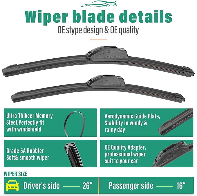 26" 16" 12" Windshield Wiper Blades Replacement for Nissan Kicks 2018 2019 2020 2021 2022 2023 2024 Premium All Weather Front Rear Wipers Set - OEM Quality (Pack of 3)