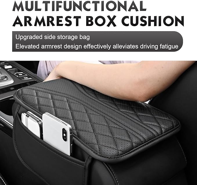 Car Center Console Cover, Leather Automotive Armrest Cushion with 2 Storage Bags, Breathable Armrest Cover, Universal Waterproof Arm Rest Protection Pad for SUV, Sedan, Truck (Black)