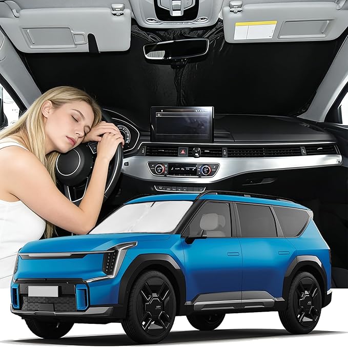 Windshield Sunshade for Kia EV9 2024-2026 Sun Shade Car Windshield Accessories Upgrade 4 Layers Blocks UV Rays Custom Fit EV9 240T Car Window Shades Front Windshield Keep Cool Foldable