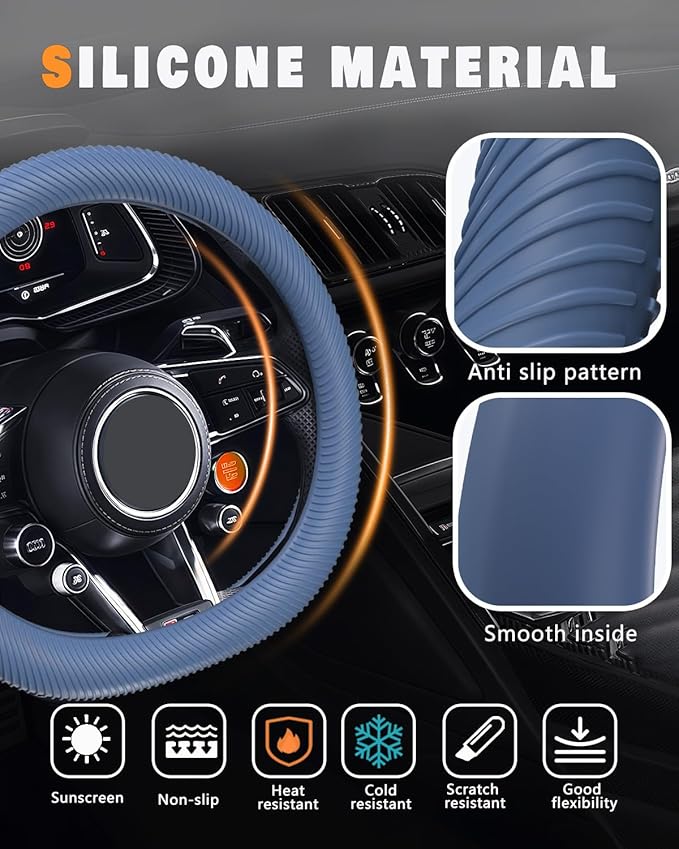 WOCOCN Car Steering Wheel Cover, Thin Anti-Skid Silicone Steering Wheel Cover for Men & Women, Universal Automotive Interior Accessories for Most Cars (Dark Blue)
