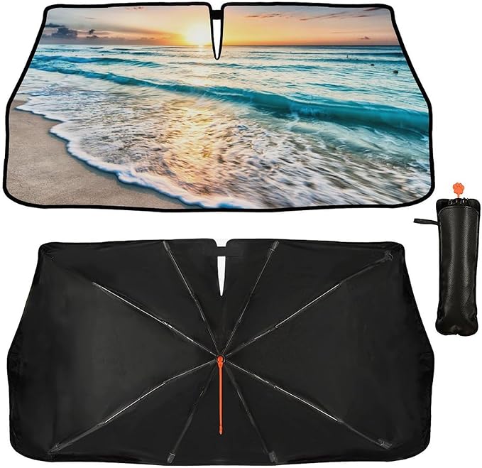 Socira Beach Sun Shade Car Windshield Umbrella Beach Sunshade for Window Shades Windshield Sun Shade Umbrella Beach Car Accessories Fits Most Trucks & SUVs 57'' x 30''