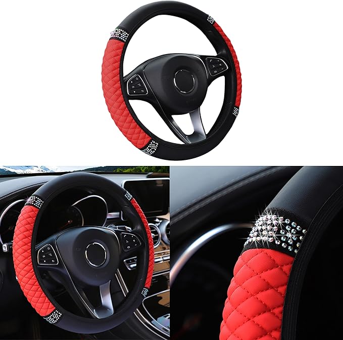 Bling Car Steering Wheel Cover, 15 Inch Rhinestones Soft Leather Elastic Steering Wheel Protector, Sparkly Crystal Diamond for Women Girls, Car Interior Accessories for Most Cars (Red)