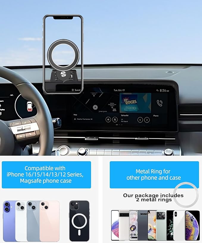 Car Phone Holder for Hyundai Kona/EV/Kona Electric 2024 2025 2026 Accessories Apply to 12.3 Inch Touch Screen Fixed Clip Magnetic Cell Phone Mount Hands-Free 360° Rotation