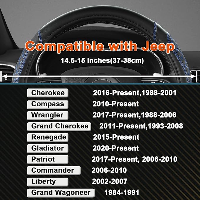 West Llama Customized Auto Car Steering Wheel Cover for Jeep Grand Cherokee,Wrangler,Compass,Gladiator,Cherokee 14.5-15 inches (Diamond Quilted-Black+Blue-Standard Size)