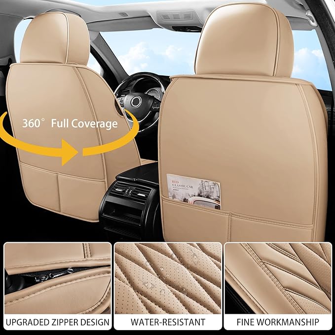 WELLDO Car Seat Covers Front Seats, Leather Seat Covers for Cars, Front Car Seat Protector Waterproof, Non-Slip Car Interior Covers Universal Automotive Seat Covers for Most Vehicle, Beige