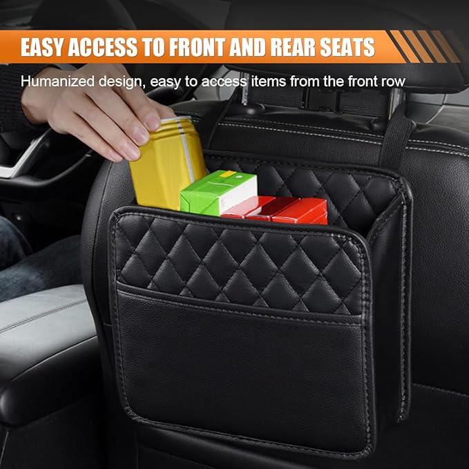 LAINLOY Foldable Car Seat Back Organizer, Large Capacity Hanging Car Backseat Storage Bag with Cup Holders, PU Leather Waterproof Car Trash Bag Can, Car Travel Accessories for Most Vehicles (2)