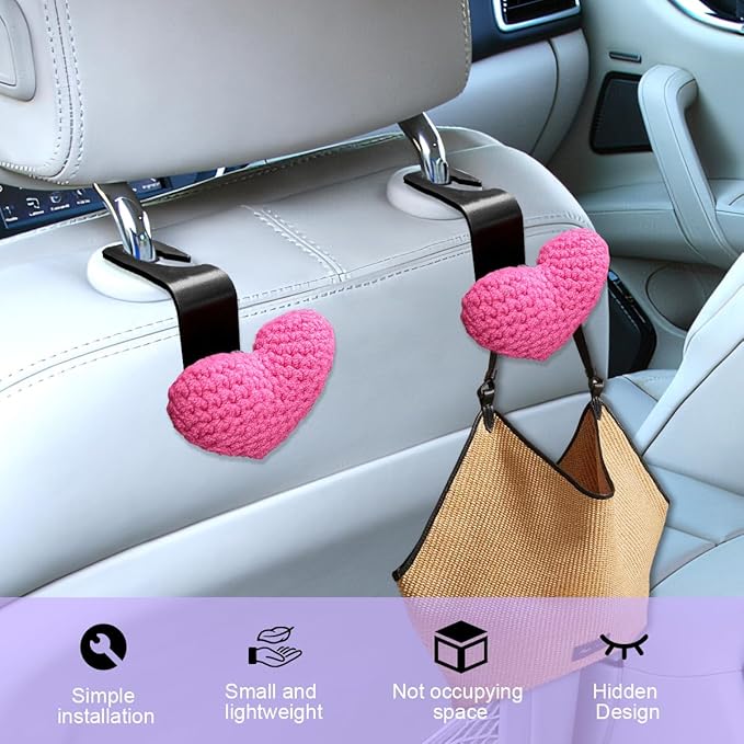 2PCS Car Headrest Hook, Cute Wool Heart Vehicle Seat Hangers for Umbrellas Grocery Bags, Automotive Interior Backseat Storage Organizer Hook, Universal for SUV, Sedan, Truck (Rose Red)