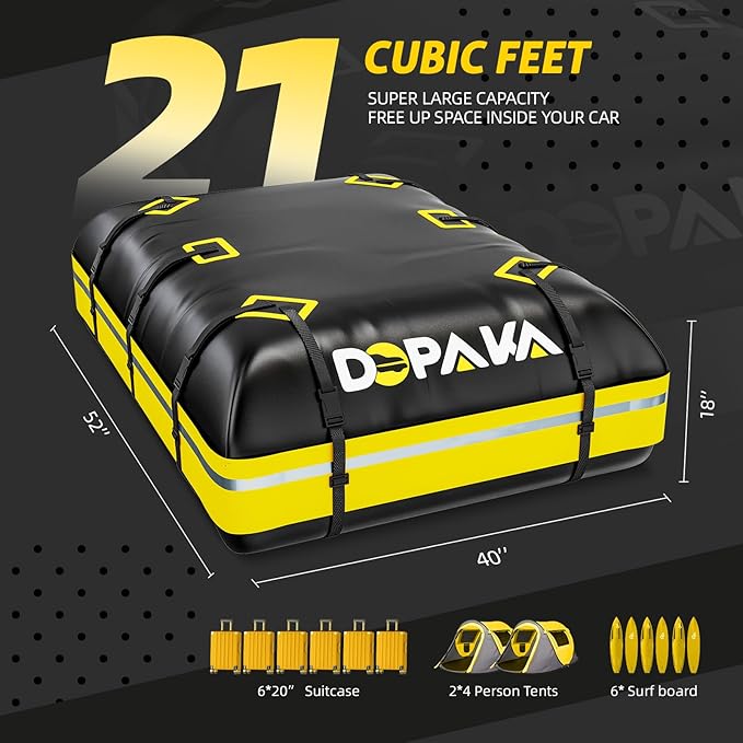Car Rooftop Cargo Carrier Bag,100% Waterproof Heavy Duty 1000D Car Top Carrier,21 Cubic Feet Car Roof Bag for All Vehicle with/Without Rack,Anti-Tear Anti-Slip Mat, Luggage Lock,6 Door Hooks