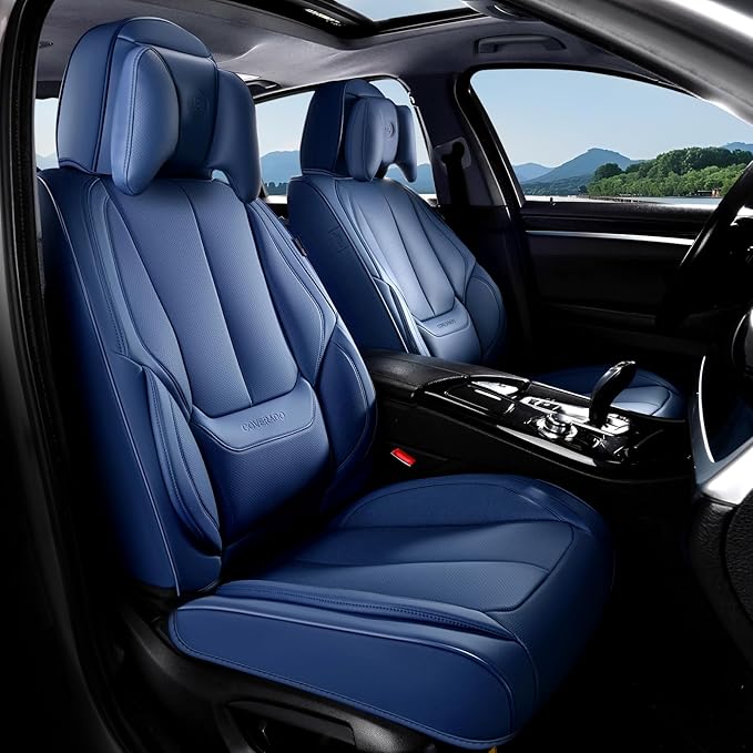 Coverado Seat Covers, Car Seat Covers Front Seats, Car Seat Cover, Car Seat Protector Waterproof, Seat Cushion Nappa Leather with Head Pillow, Carseat Cover Universal Fit for Most Cars (Blue)