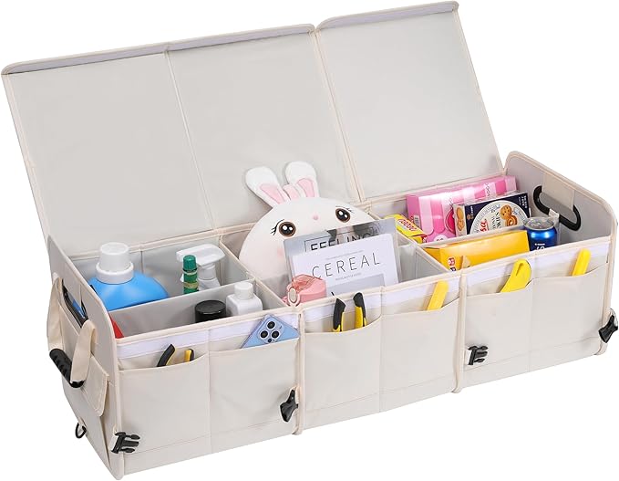 AOKJOY Car Trunk Organizer with Lid Storage Collapsible Multi Compartment Adjustable Straps for SUV, Truck, Sedan(Beige) XL