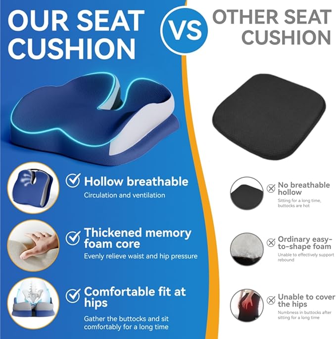 Memory Foam Seat Car Computer Desk Chair Cushion，Cushion For Tailbone Pain Relief Cushion Office Chair Butt Pillow Seat Cushions For Office Chairs Wheelchair Cushion For Long Sitting Back Pain Blue