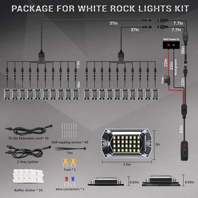 20 Pods Full Angle Pure White LED Rock Lights with Extension Wires, 28 LEDs 6500K Super Bright White Neon Underglow Kit IP68 Waterproof for Semi Trucks Trailer Offroad Pickup Boats RV Vans SUV UTV