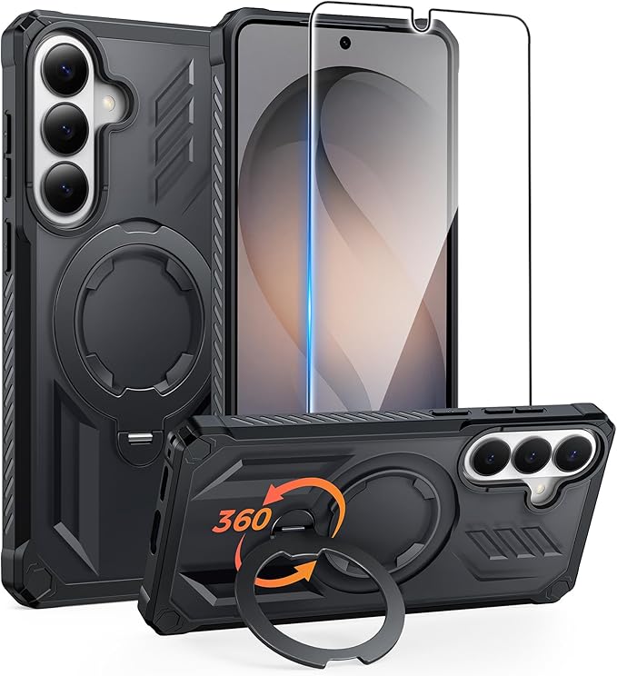 FNTCASE for Samsung Galaxy S26 Case: with [Magnetic Ring Kickstand] [Screen Protector] [Compatible with MagSafe] [Military-Grade Drop Protection] Dual-Layer Protective Phone Cover Translucent Black