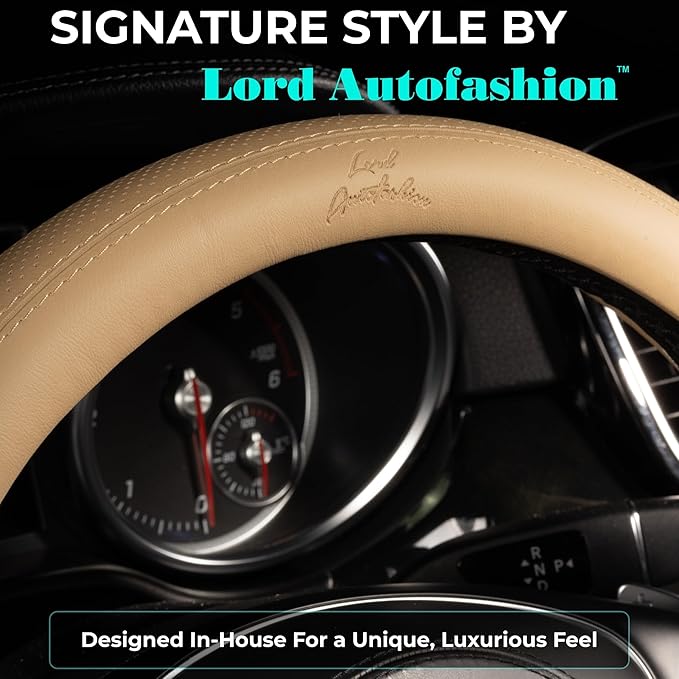 Lord Autofashion Steering Wheel Cover – PU Leather, Non-Slip Rubber Inner, All-Season Comfort – 14.5–15 Inch (Beige 9366)