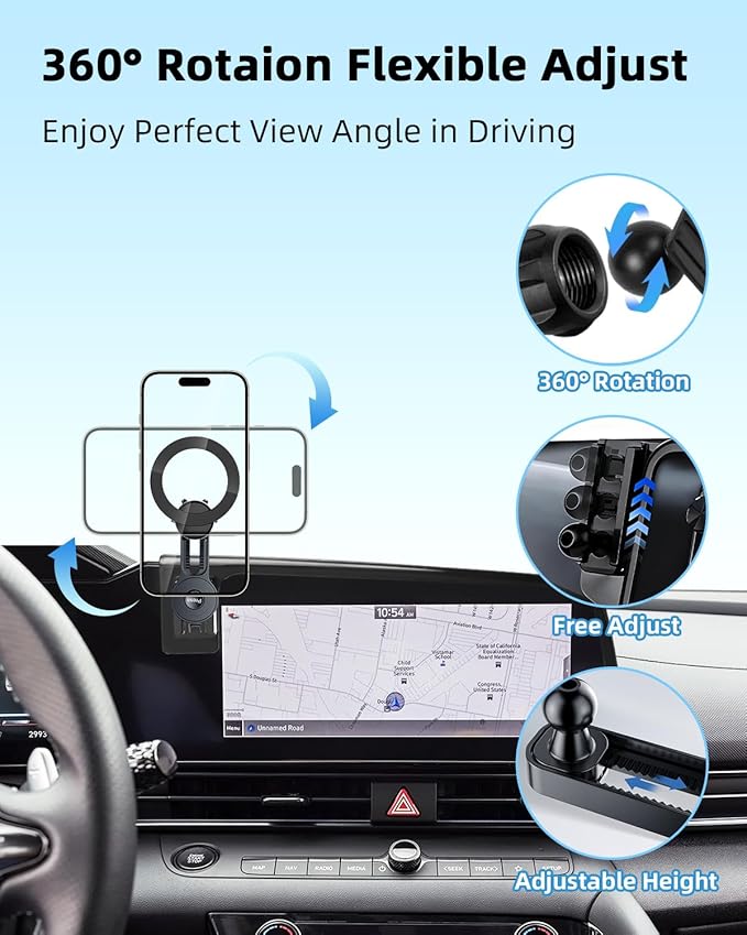PZK Car Phone Holder for Hyundai Elantra 2021-2025 2026 SE/SEL/Sport/Limited/N Line Accessories Custom 8-Inch/10.25-Inch Screen Car Phone Mount Compatible with Magsafe 360° Rotating Extension Rod