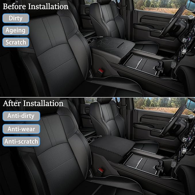 Center Console Cover Anti-Scratch Waterproof Leather Armrest Pad Protector Cushion for Dodge RAM 1500 2500 3500 2019 2020 2021 2022 2023 Interior Accessories(Black)
