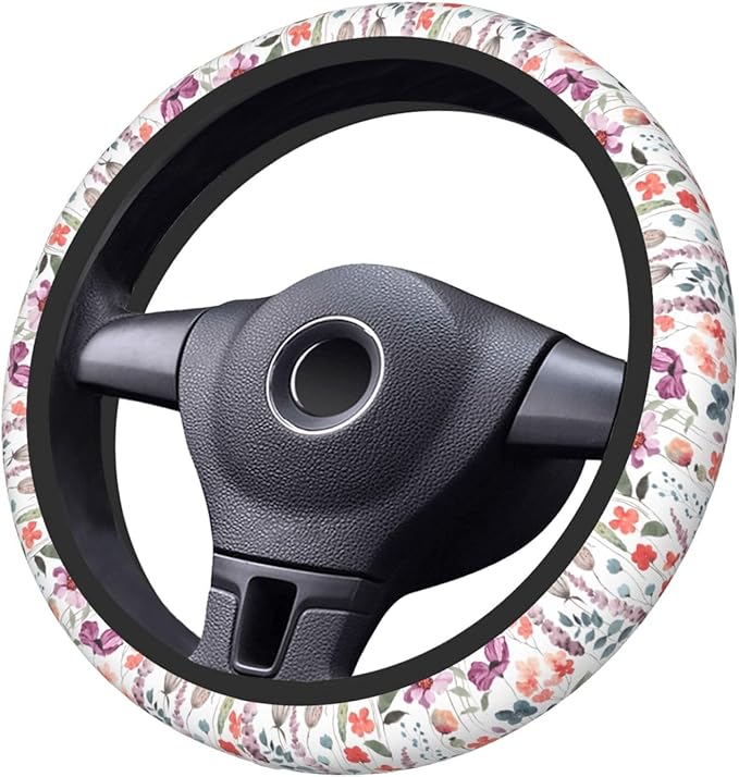 Nature Flowers Steering Wheel Cover for Women Elastic Rubber Steering Wheel Universal 15 Inch Fit for Cars, Auto, SUVs