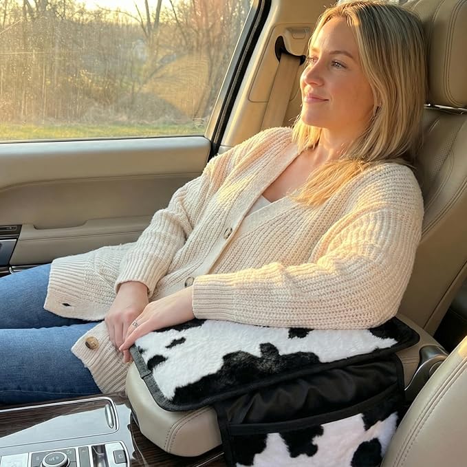 Plush Cow Print Car Center Console Cover with Side Pockets, Fluffy Armrest Cushion Pad,Soft Cow Car Interior Decorations Accessories with Storage for Women,Universal Fit for Vehicles SUV Truck