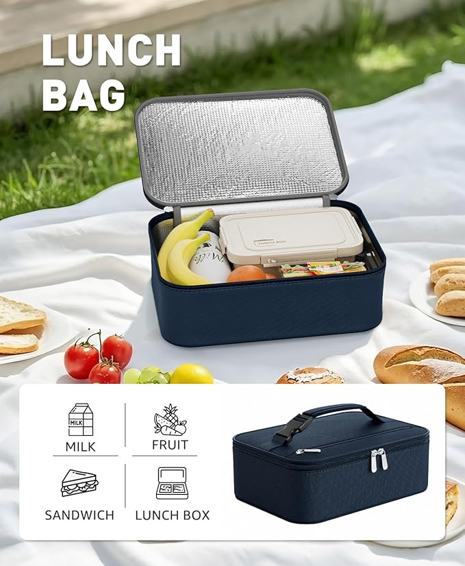 Small Lunch Box Insulated Lunch Bag for Women Men, Bento Kids Lunch Box, Compact Portable Thermal Meal Cooler Bags with Buckle Handle for Work & School, Navy Blue 5L