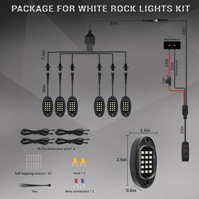 6 Pods White LED Rock Lights with Switch Extension Harness, 6000K 24 LEDs Pure White Neon Underglow Light for ATV SUV UTV RZR SXS Car Trailer Truck, IP67 Waterproof Under Trail Rig Fender Lighting
