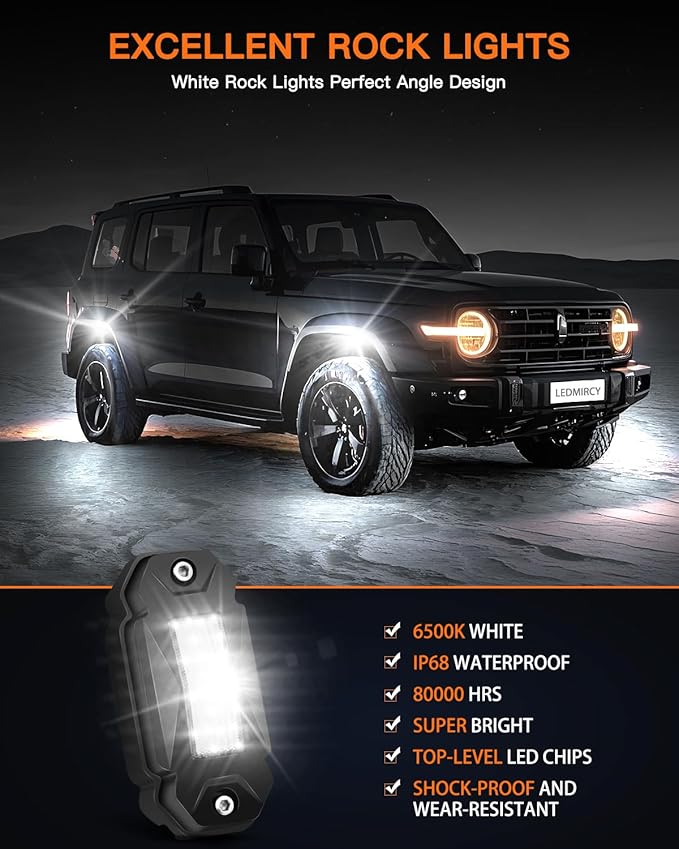 Rock Lights,LEDMIRCY R2 Pure White LED Rock Lights Kit 16PCS with Toggle Switch Wiring Harness Ultra Bright for UTV Trucks ATV Underglow Light Trail Rig Under Body High Power Waterproof