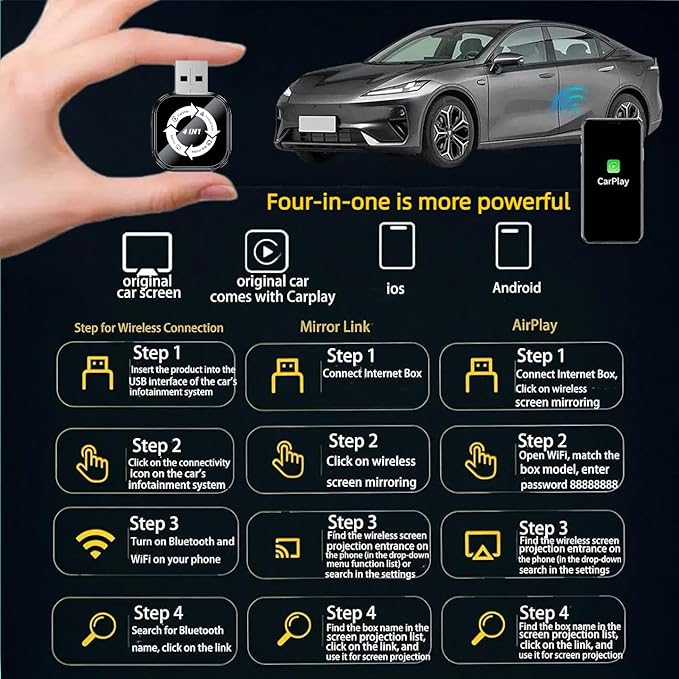 2026 Upgraded 4-in-1 Wireless CarPlay Adapter, Convert Wired to Wireless CarPlay & Android Auto, Support AirPlay & Screen Mirroring, Zero Latency Plug & Play, USB/Type-C for iPhone iOS & Android