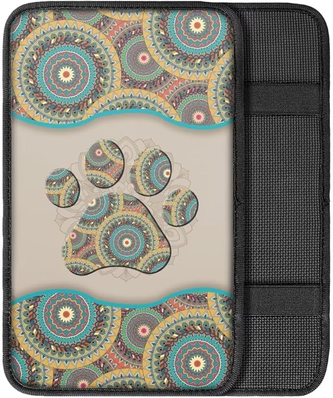 Coldinair Boho Aztec Car Armrest Cover,Dog Paw Car Center Console Pad,Soft Seat Box Cover Protector Cushion,Car Accessories Decor for Most Cars,Sedan,Truck,SUV