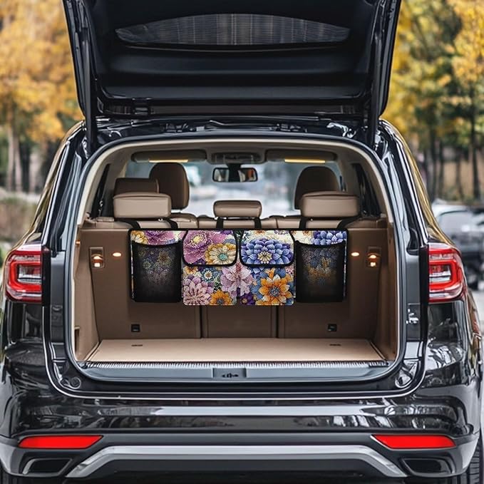 Boho Floral Blossom Car Backseat Trunk Organizer for Women Mandala Trunk Storage Bag for Grocery Cargo Car Organization