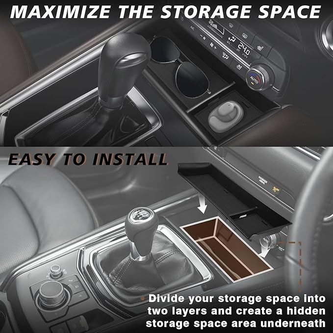 Muslogy Center Console Front Organizer & Dash Storage Box Insert Tray Behind Screen Compatible with Mazda CX5 CX-5 Accessories 2022-2025 Sunglasses Coin Holder(Console Front Tray&Dash Organizer)