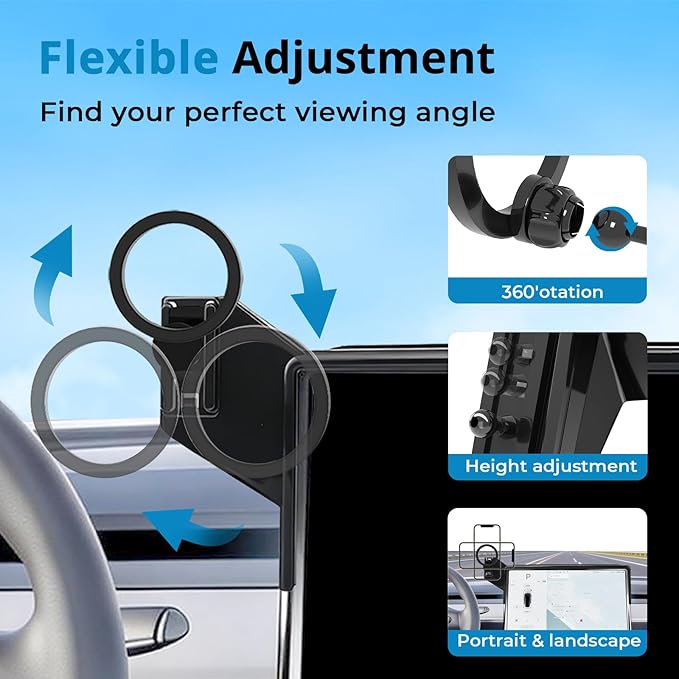 Car Phone Holder for Tesla Model Y 2020 2021 2022 2023 2024 2025 & Model 3 2017 2018 2019 2020-2023, Compatible MagSafe, 360° Rotation, Super Strong Magnetic Attraction(for 15 inch Screen only)