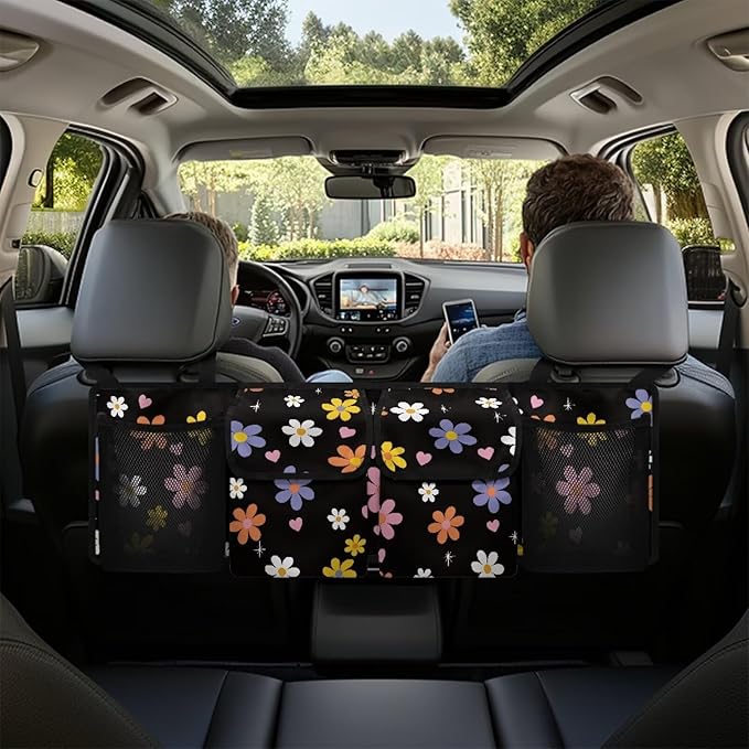 Floral Flowers Backseat Trunk Organizer for Car Heart Back Seat Car Organizer with Extra Storage Space for SUVs,Trucks,Vans Hanging Trunk Storage Bag