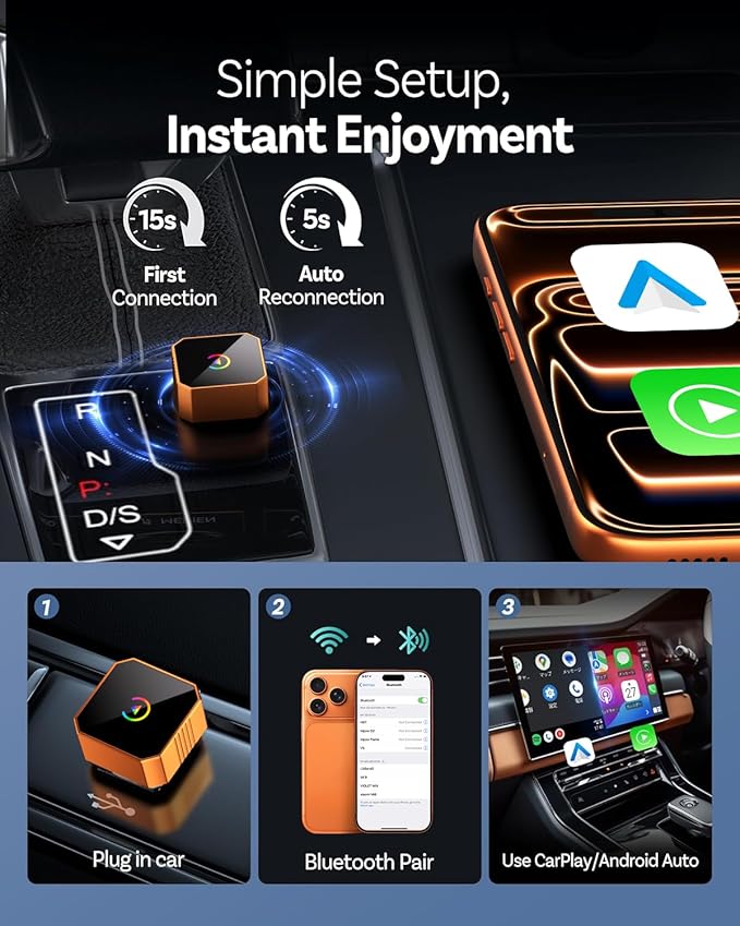 2026 Wireless CarPlay Adapter for iPhone ＆ Android Auto Mini Wired to Wireless Apple Car Play Adapter Plug & Play Compatible for iPhone iOS 10+ Android 11+ with After 2016 Cars