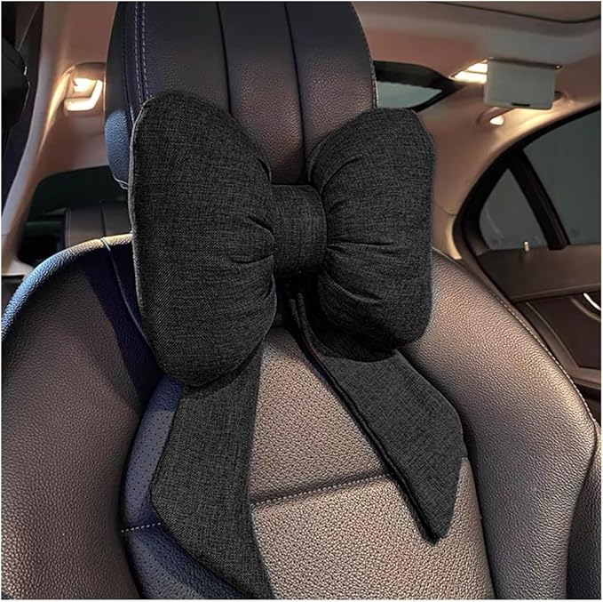 Bow Car Headrest Pillow, Breathable Memory Foam Vehicle Neck Pillow with Adjustable Strap, Ergonomic Auto Neck Support Cushion for Pain Pressure Relief, Universal for Most Cars (Black)