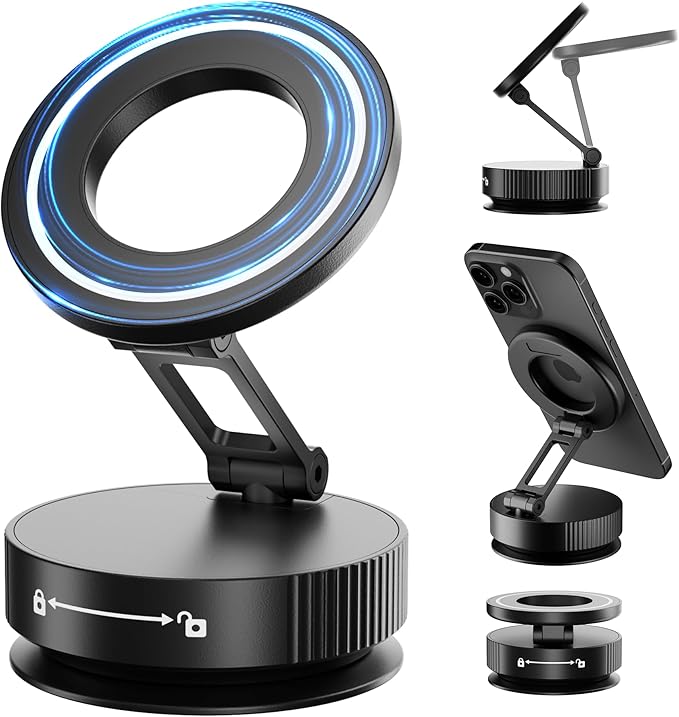 Vacuum Magnetic Phone Holder for MagSafe,Foldable Metal Suction Cup Phone Mount,360° Rotatable Phone Mount for All Smartphones & All Car Models-Black